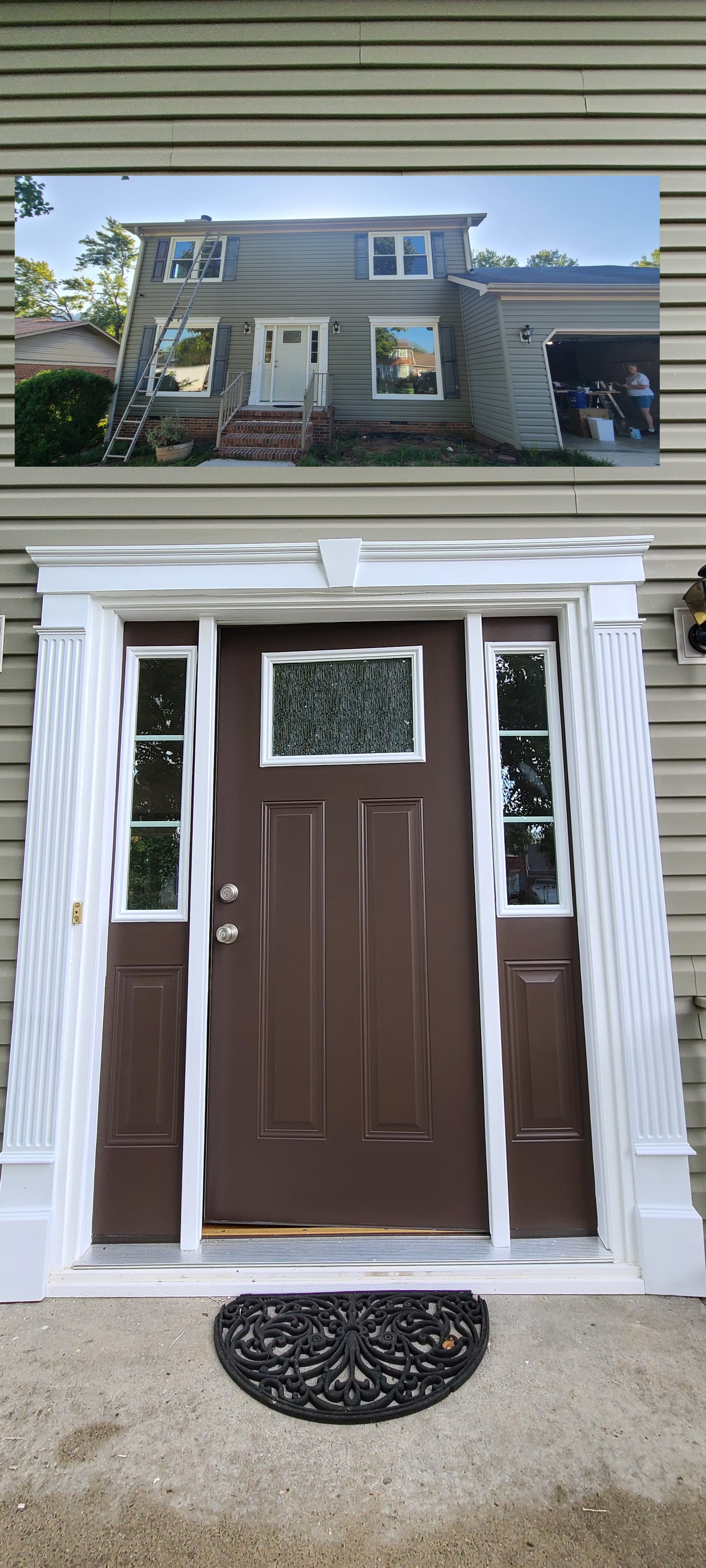 Before & After: Exterior painting project in Huntsville, Alabama. The door was painted a chocolate brown, and the trim was painted a bright white for contrast.