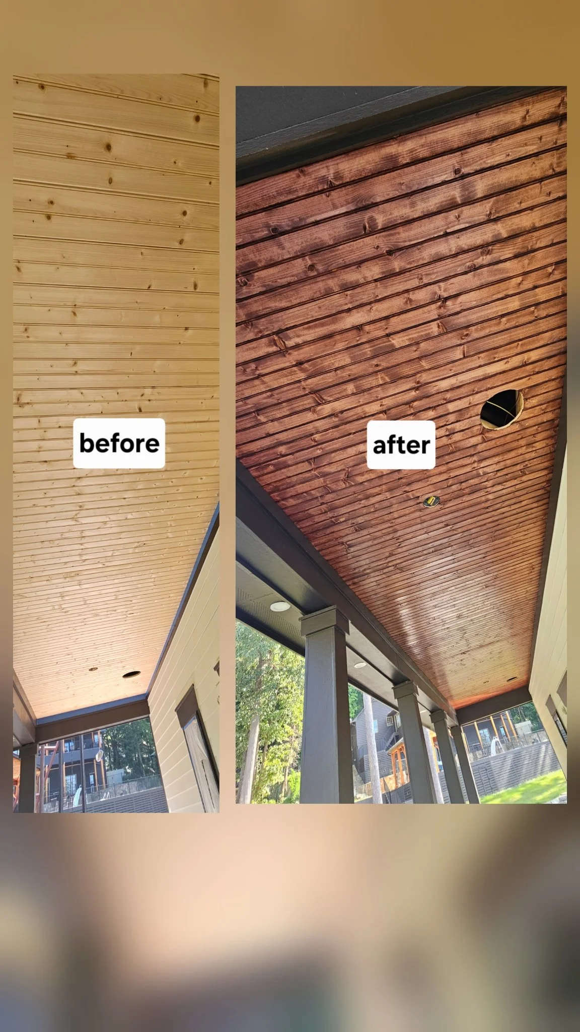 Before & After: Boathouse ceiling staining in Guntersville, Alabama.