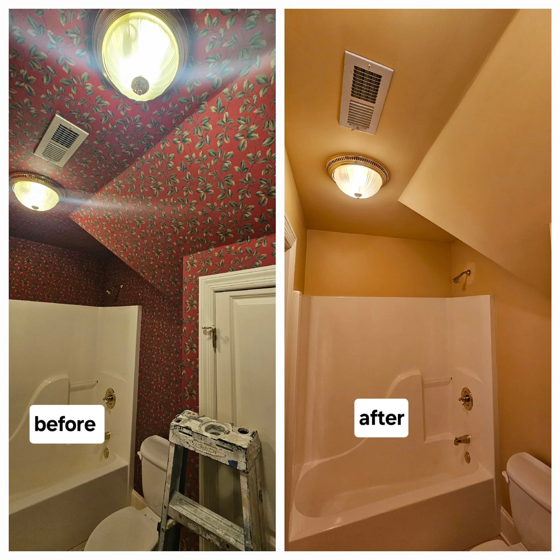 This bathroom project included removing wallpaper, even from the ceiling! After it was removed, it was painted in preparation for the owner selling their house in Union Grove, Alabama.