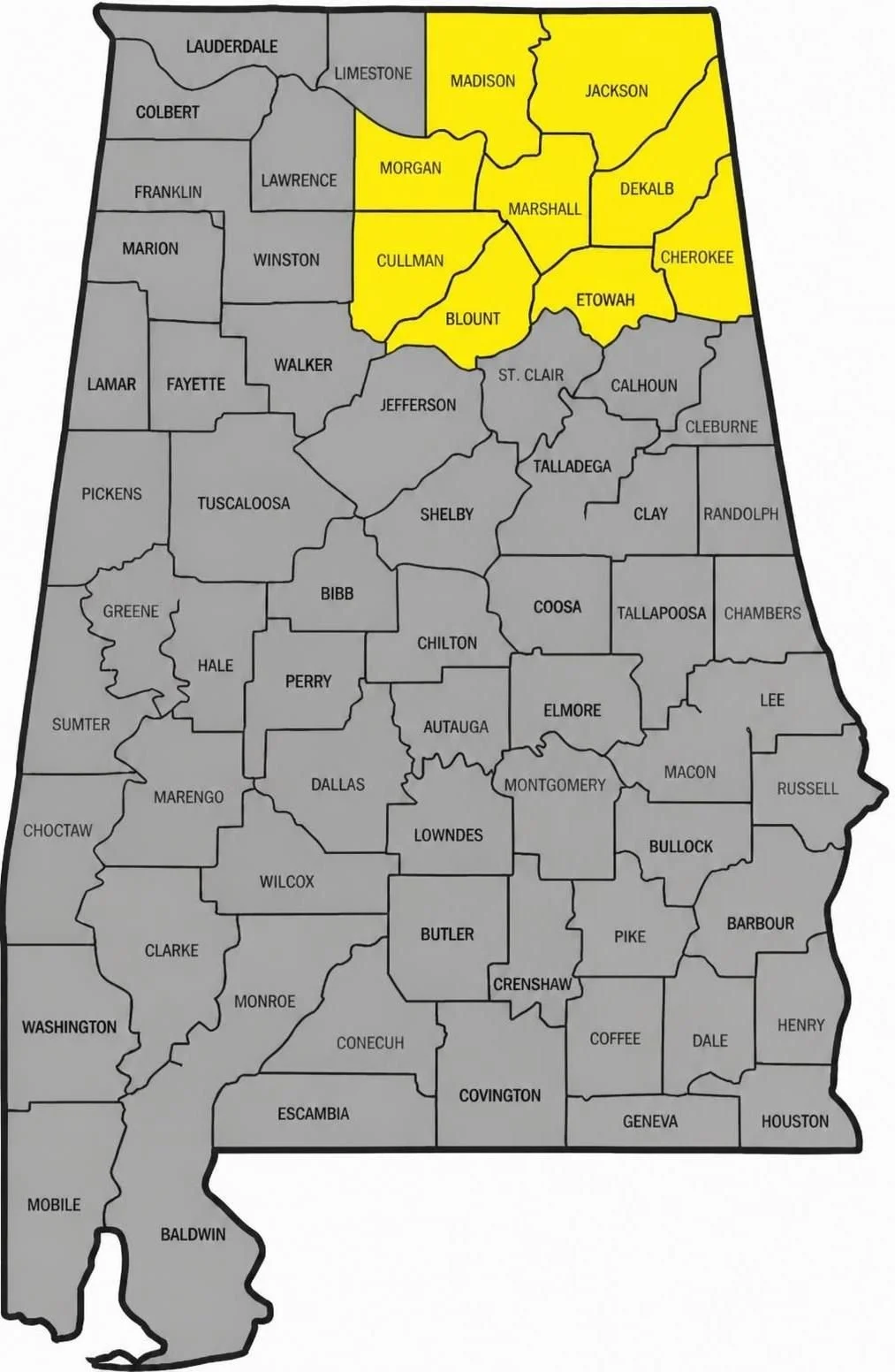 Map of Alabama showing counties, with some counties in the northern part highlighted in yellow.