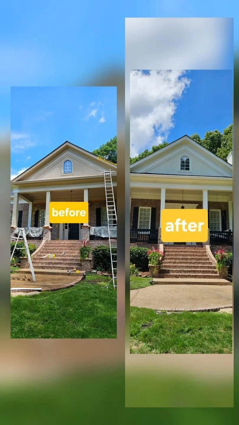 Before & After: An exterior painting project in Union Grove, Alabama. The brick was not touched; the stucco and the columns were painted a new color.