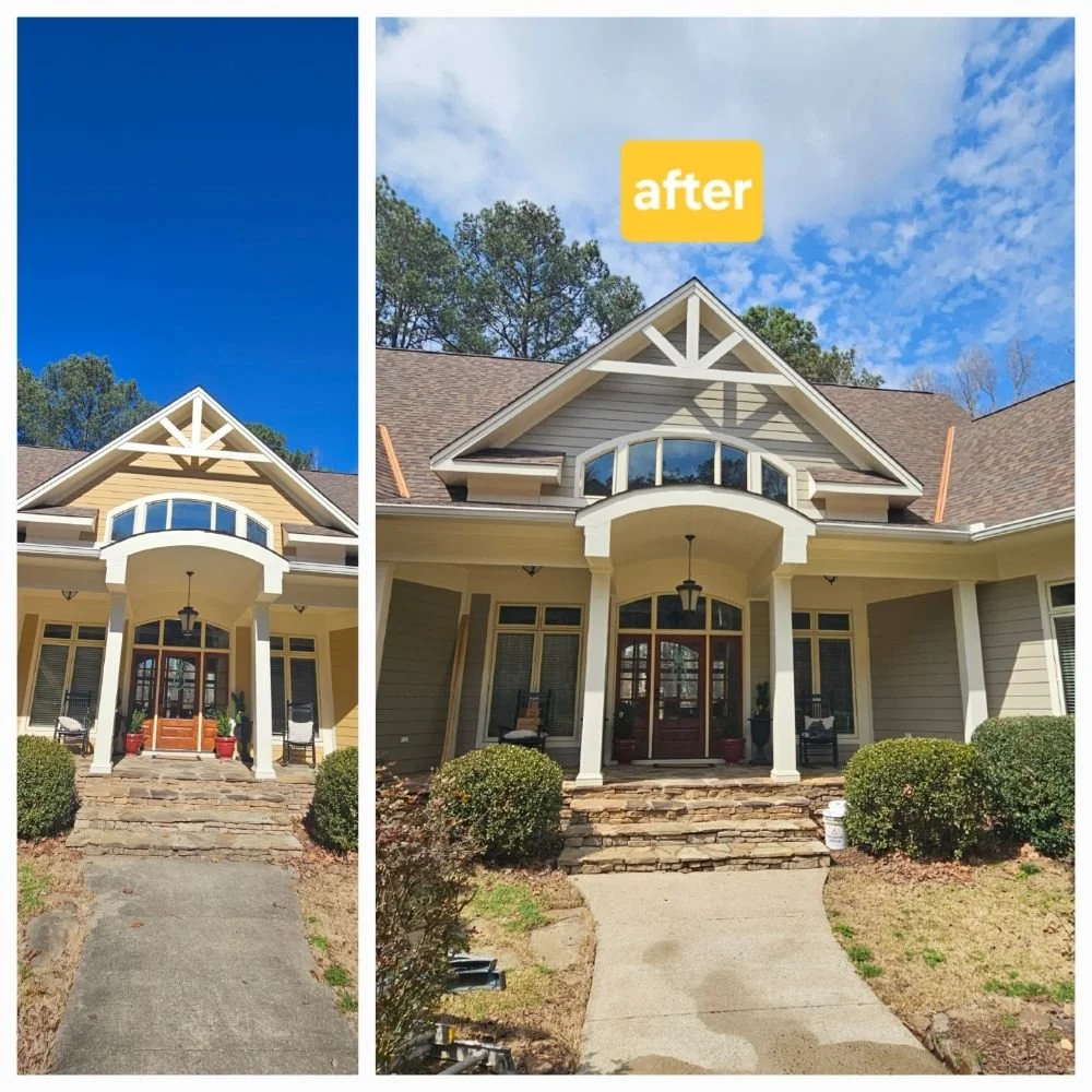 Comparison of a house before and after renovation. The left side shows the house before, with a plain entrance and a worn pathway. The right side shows the house after renovation, with a more polished appearance, a new pathway, and the word "after" labeled on the image.