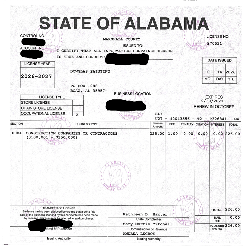 Alabama state business license issued to Douglas Painting in Marshall County, valid for 2026-2027, issued on October 14, 2026, expiring on September 30, 2027, with license type for construction companies or contractors, totaling $226.00.