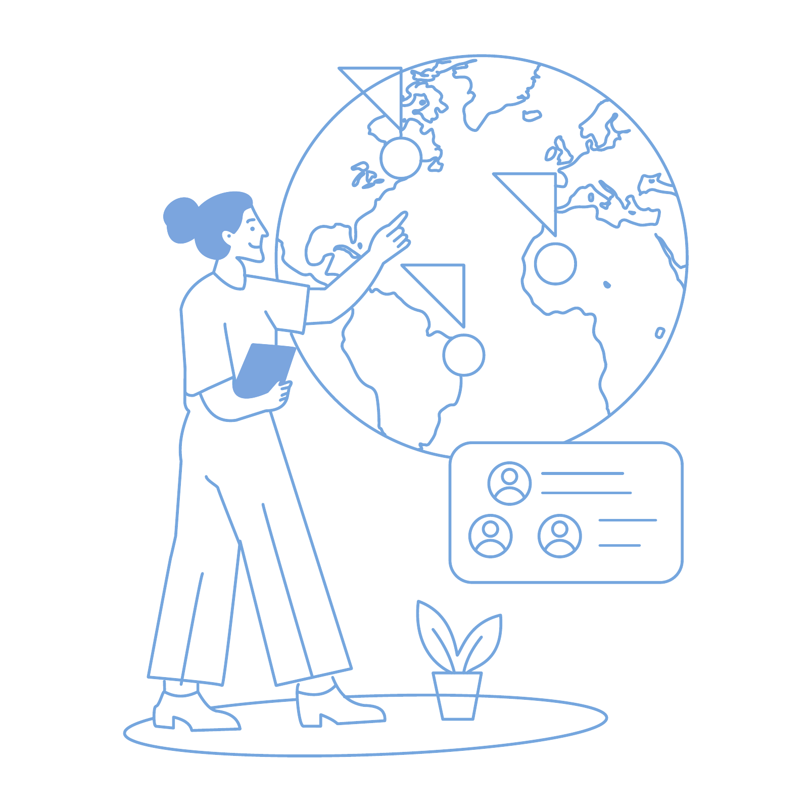 Line illustration of a professional pointing to a globe, representing industry knowledge