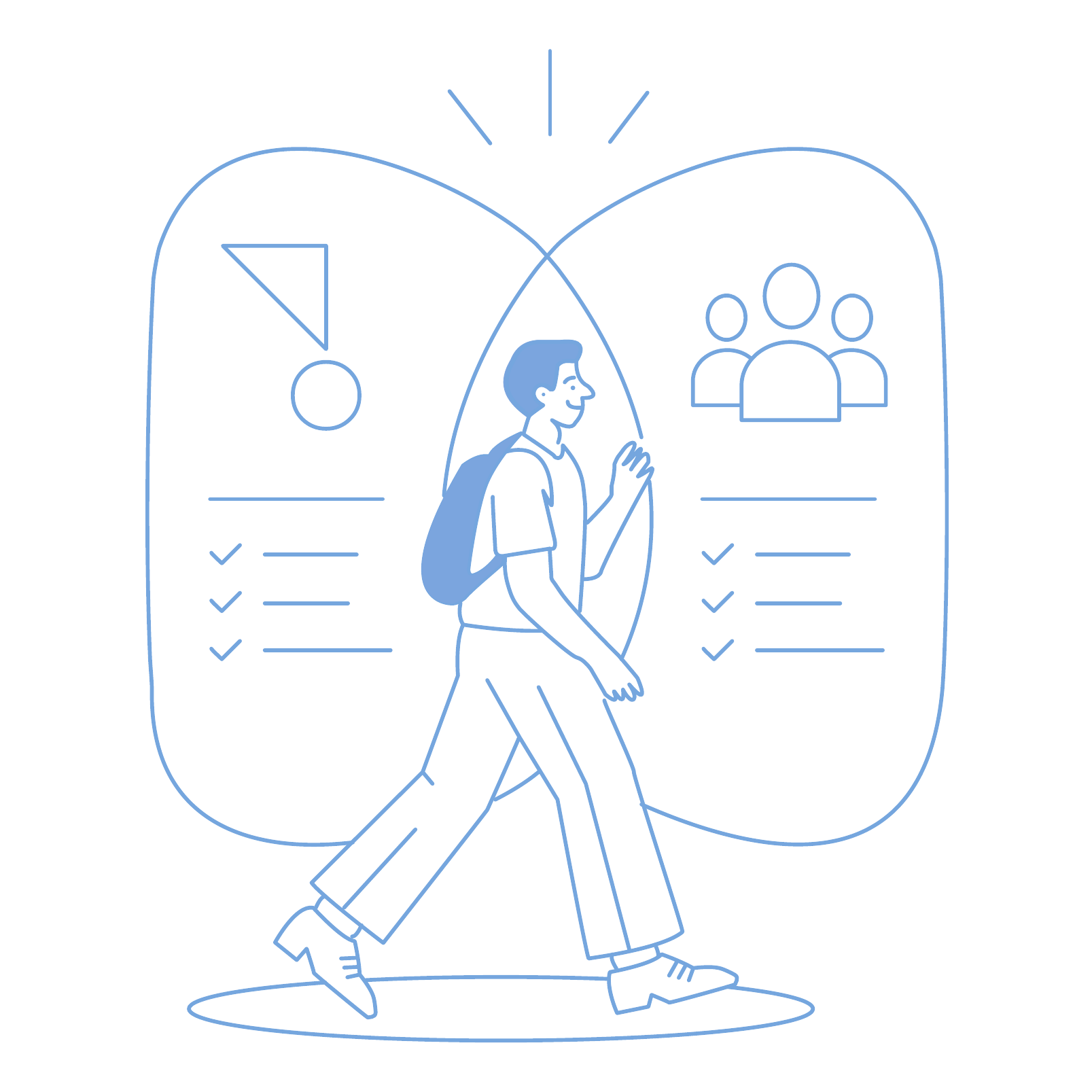 Line illustration of a professional walking past two candidate profiles