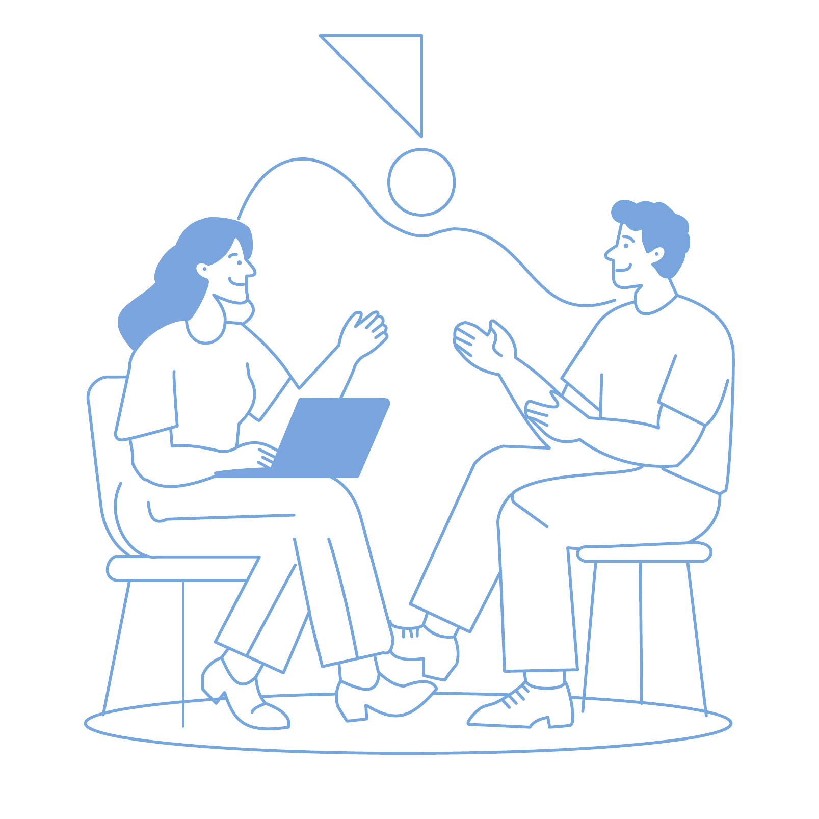 Line illustration of a candidate and a recruiter talking with a laptop open