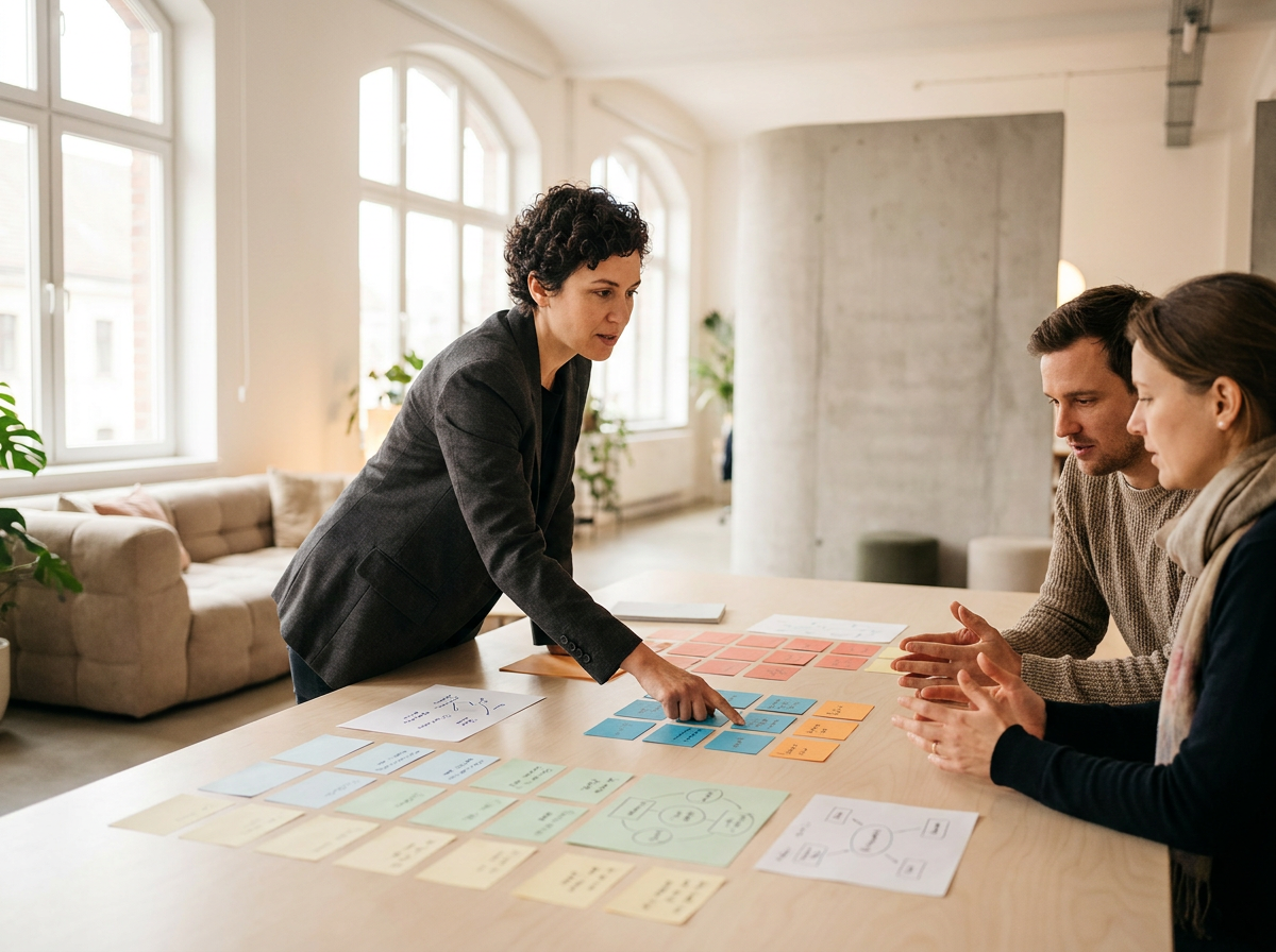 A woman standing and pointing at colored sticky notes on a table with two seated people in discussion in a bright office setting.