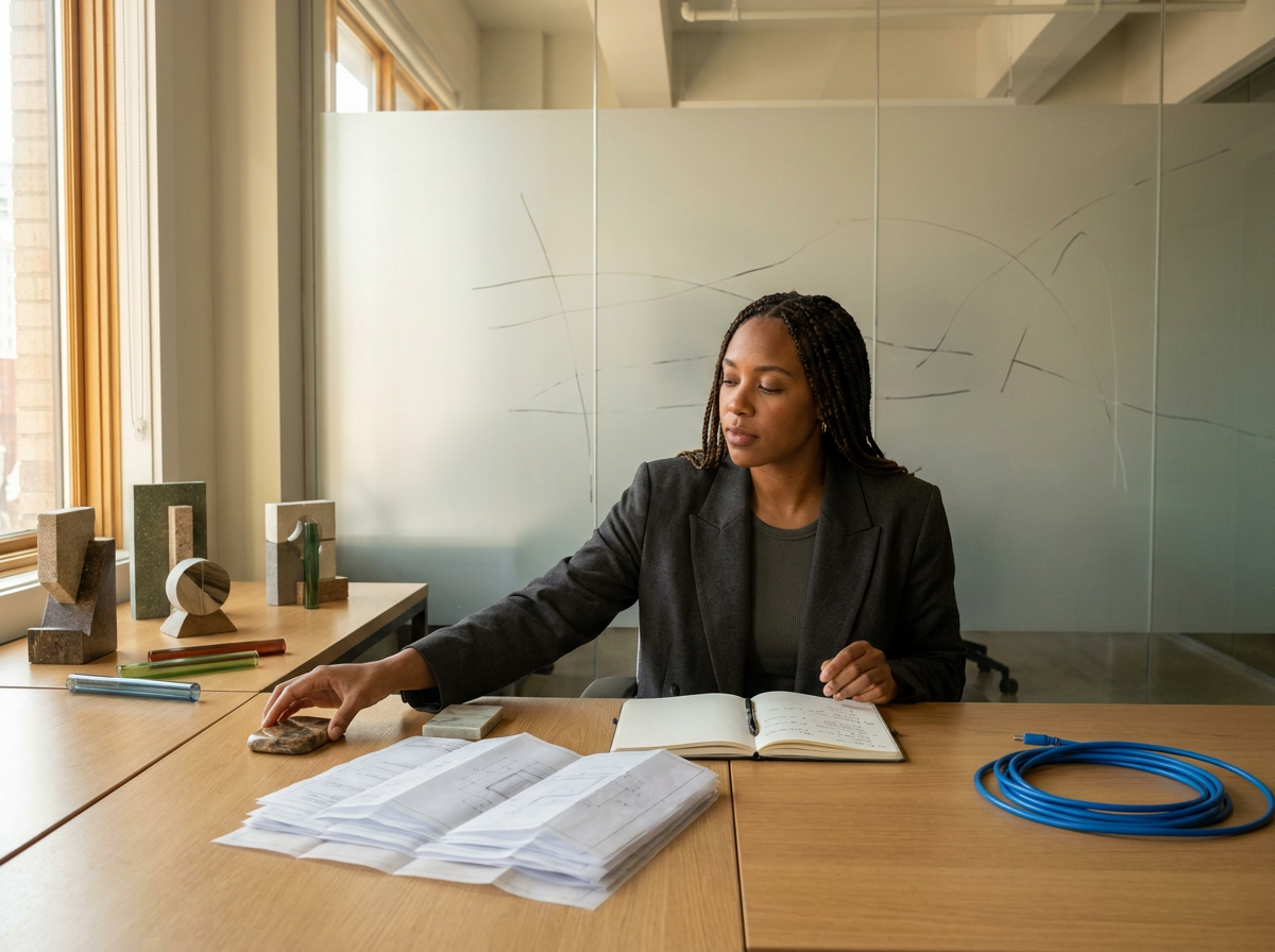 Woman in black blazer sitting at a desk with architectural plans, a notebook, and colored pencils, organizing small stones, in a well-lit office with large windows.