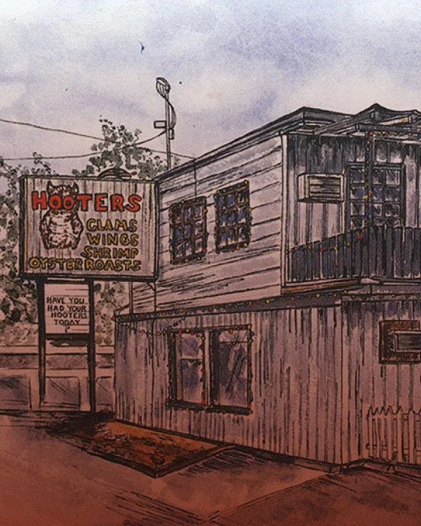 Watercolor painting of a two-story building with a Hooters restaurant sign, featuring a caricature of an owl, and a smaller sign asking, "Have you had your Hooters today?" The building has wooden siding, windows with bars, and a small upstairs balcony with string lights.