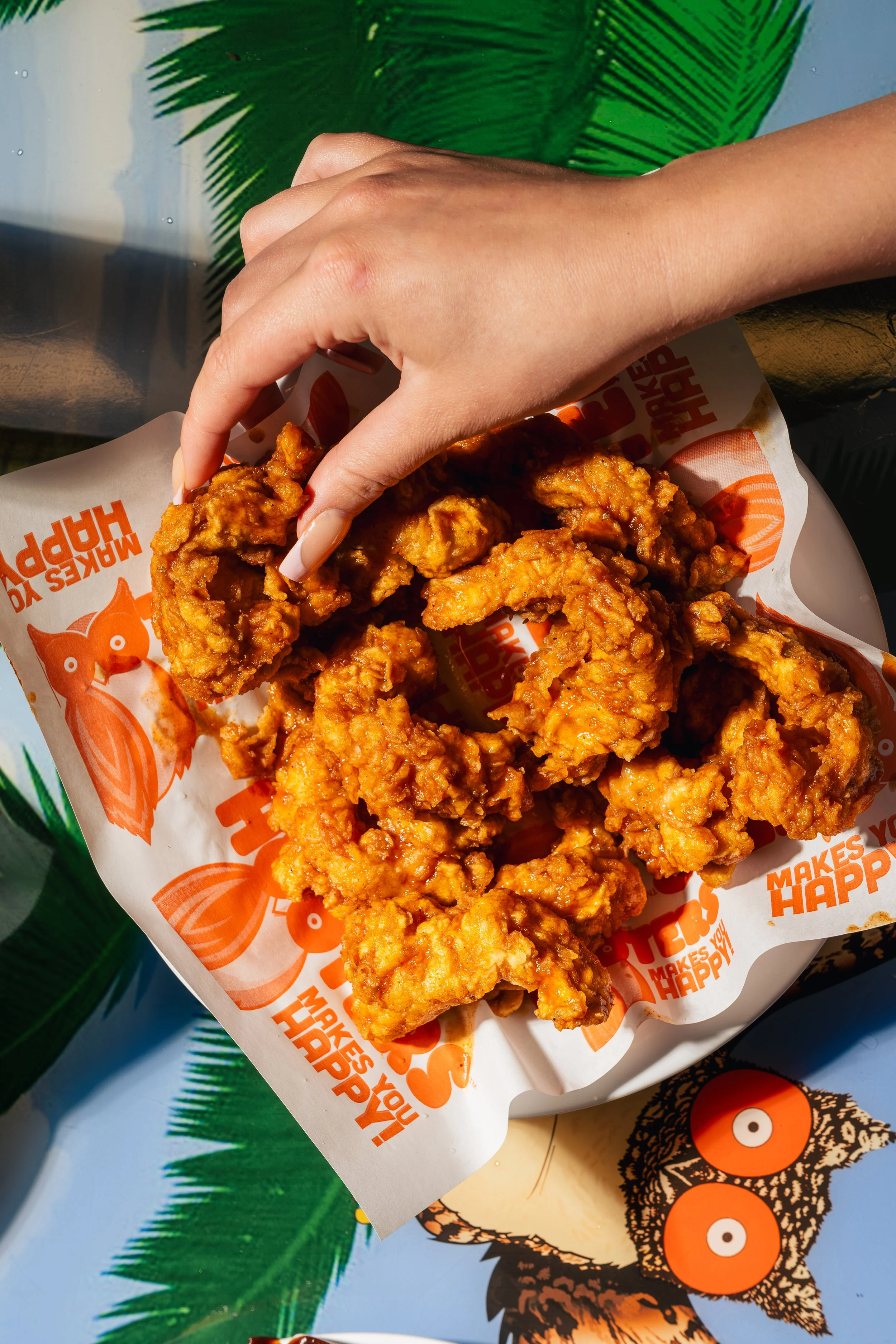 Close-up of a hand reaching for fried chicken pieces on a tray lined with paper that has the slogan "Makes You Happy" and a fox mascot. The background includes a graphic of a green palm leaf and an owl illustration.