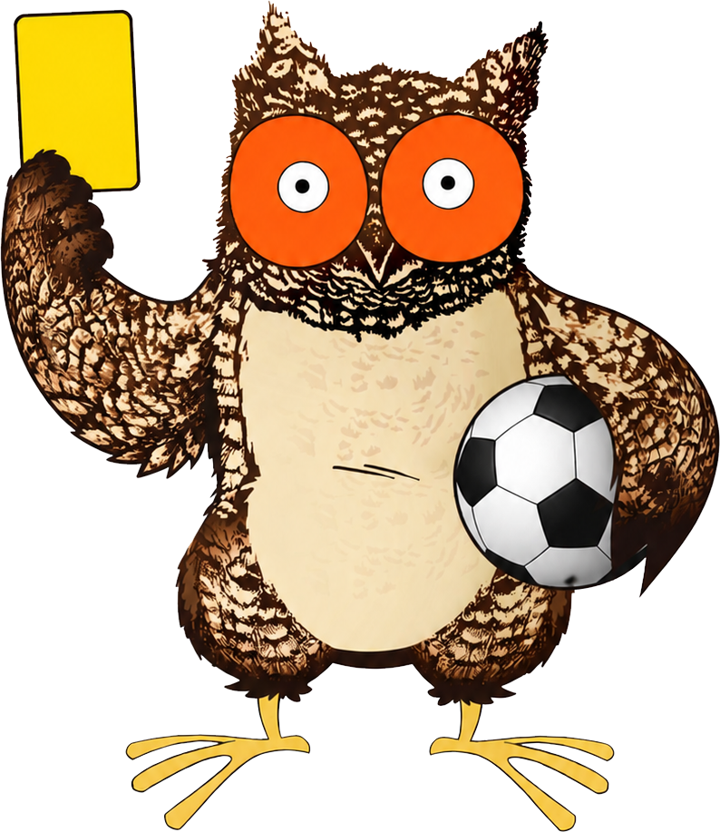 Cartoon owl with large orange eyes holding a soccer ball in one wing and a yellow card in the other wing.