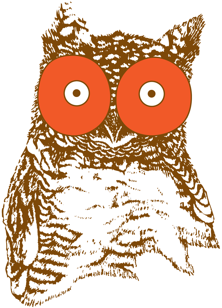 An illustration of an owl with brown and white feathers, but the owl has exaggerated red-orange eyes with a black dot in the center, and a small beak in between the eyes.