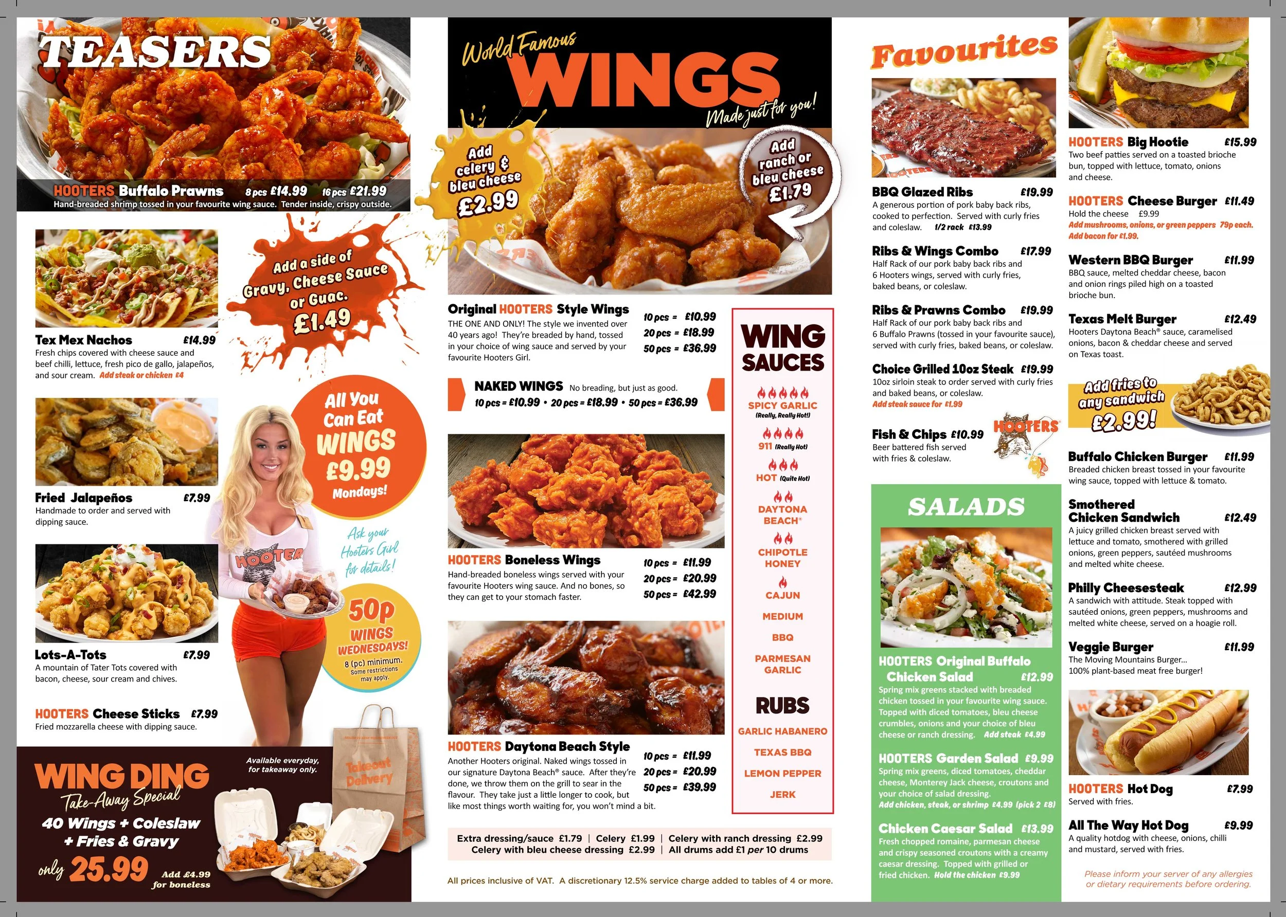 A colorful menu featuring various fried and grilled foods including chicken wings, onion rings, nachos, burgers, salads, and fish dishes, with prices and descriptions.