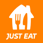 Orange background with white house and fork and knife icon, and text 'JUST EAT'