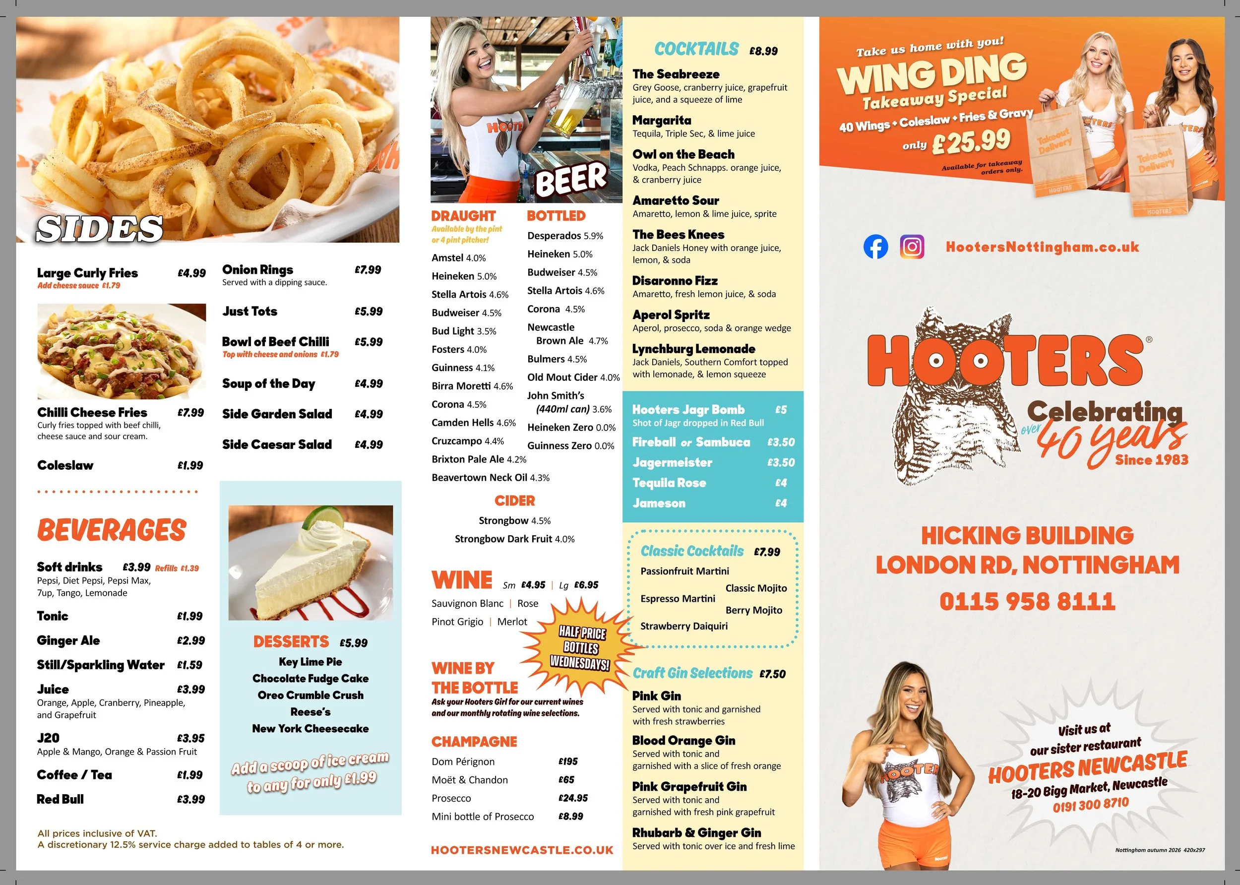 A menu at Hooters restaurant showing food, drinks, and beverages, along with promotional information and contact details.