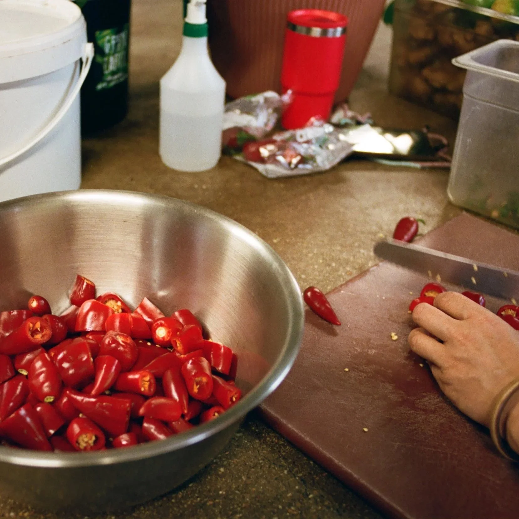 Fresh red peppers being chopped and collected in a stainless steel bowl during food preparation. Photo by Shahab Notghi.