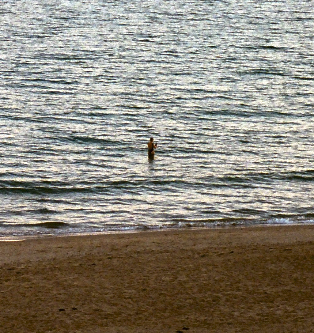 A person standing in the shallow water at a beach with the ocean in the background.
