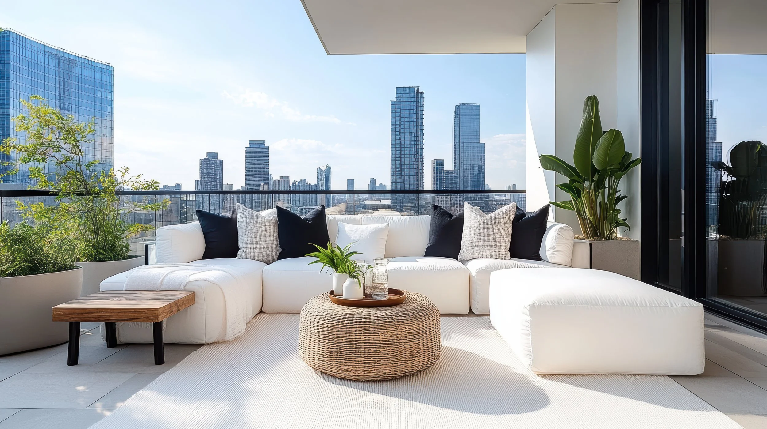 Modern balcony with a white sectional sofa, black and beige pillows, a wicker ottoman with a tray holding plants and glasses, green potted plants, and a city skyline view with tall glass buildings.