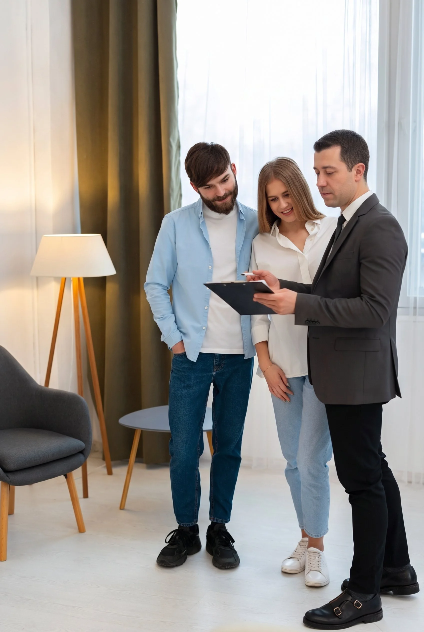 Three young adults, two men and one woman, stand together in a room looking at a tablet held by the man in a suit. The woman is smiling and the man in a casual shirt is also looking at the tablet. The room has modern furniture, a lamp, a gray chair, and large white curtains letting in natural light.
