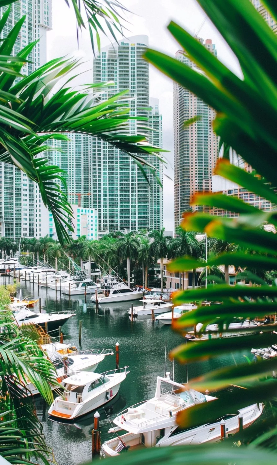 High-rise city buildings seen through tropical green foliage overlooking a marina with white yachts docked on calm water.