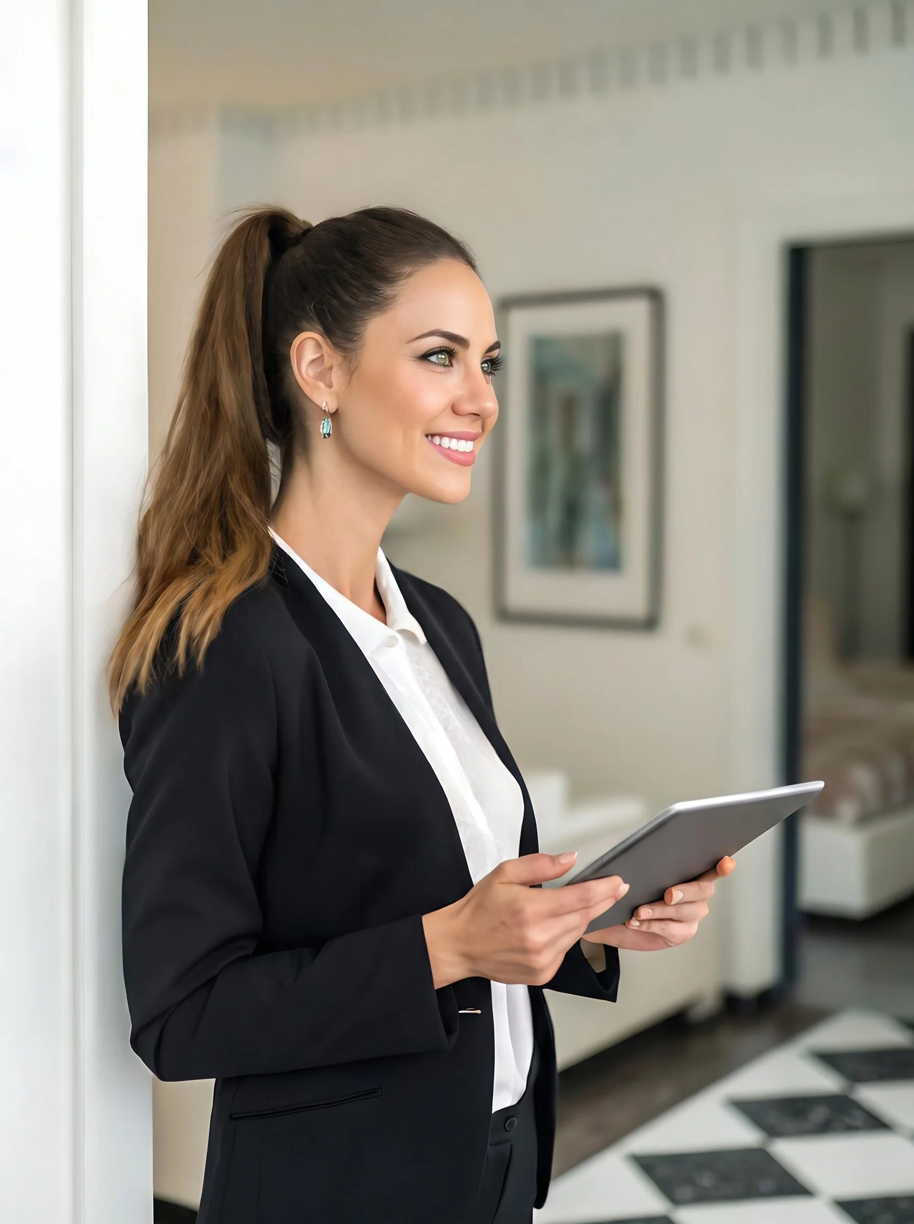 A young woman with long brown hair in a high ponytail, dressed in a black blazer and white blouse, standing in a hallway, holding a tablet and smiling, with framed pictures on the wall and checkered black and white floor tiles.