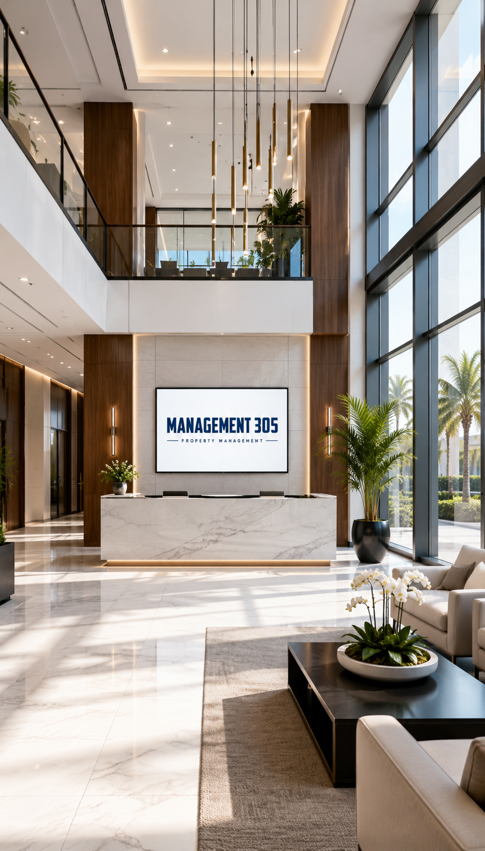 Modern corporate office lobby with a reception desk, large digital screen displaying 'Management 305 Property Management,' marble floors, large windows with palm trees outside, and seating area with white chairs and a black coffee table with white orchids.