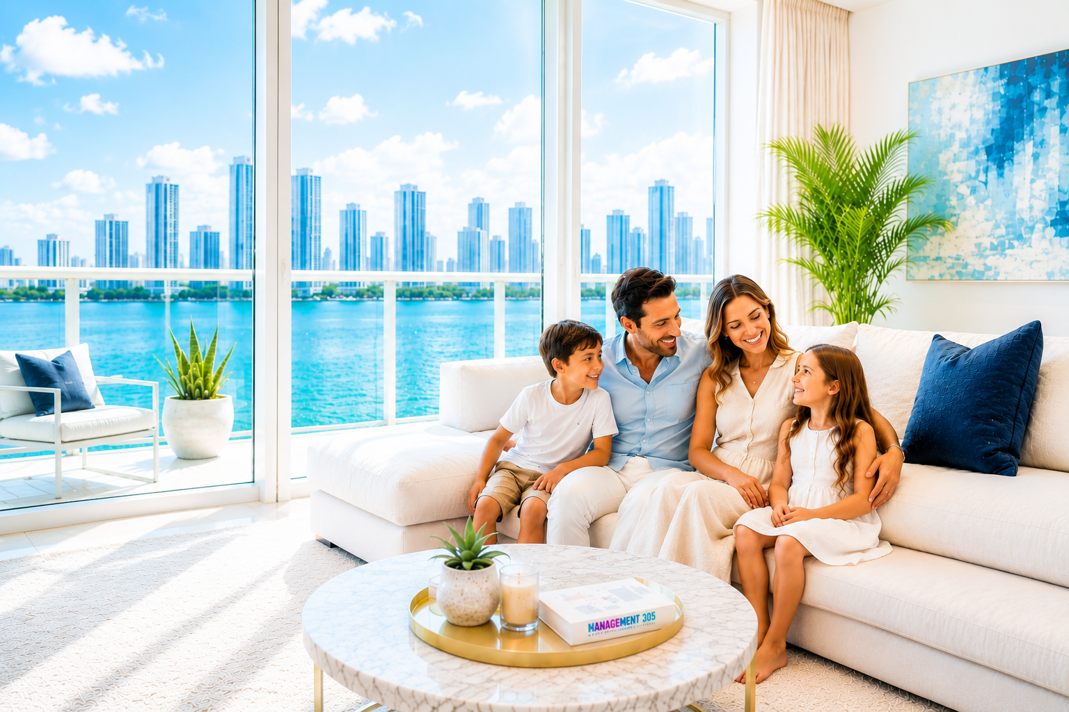 A family of four, consisting of parents and two children, sitting on a white sofa in a modern living room with a large window showing a city skyline and water. The family is smiling and looking at each other. The room is decorated with green plants, a round marble coffee table with a potted plant, candles, and a book, and has a contemporary style with bright natural light.