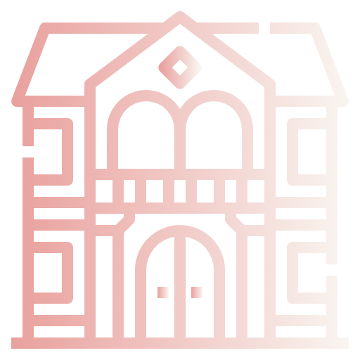 A simple illustration of a house with a red roof and a chimney.