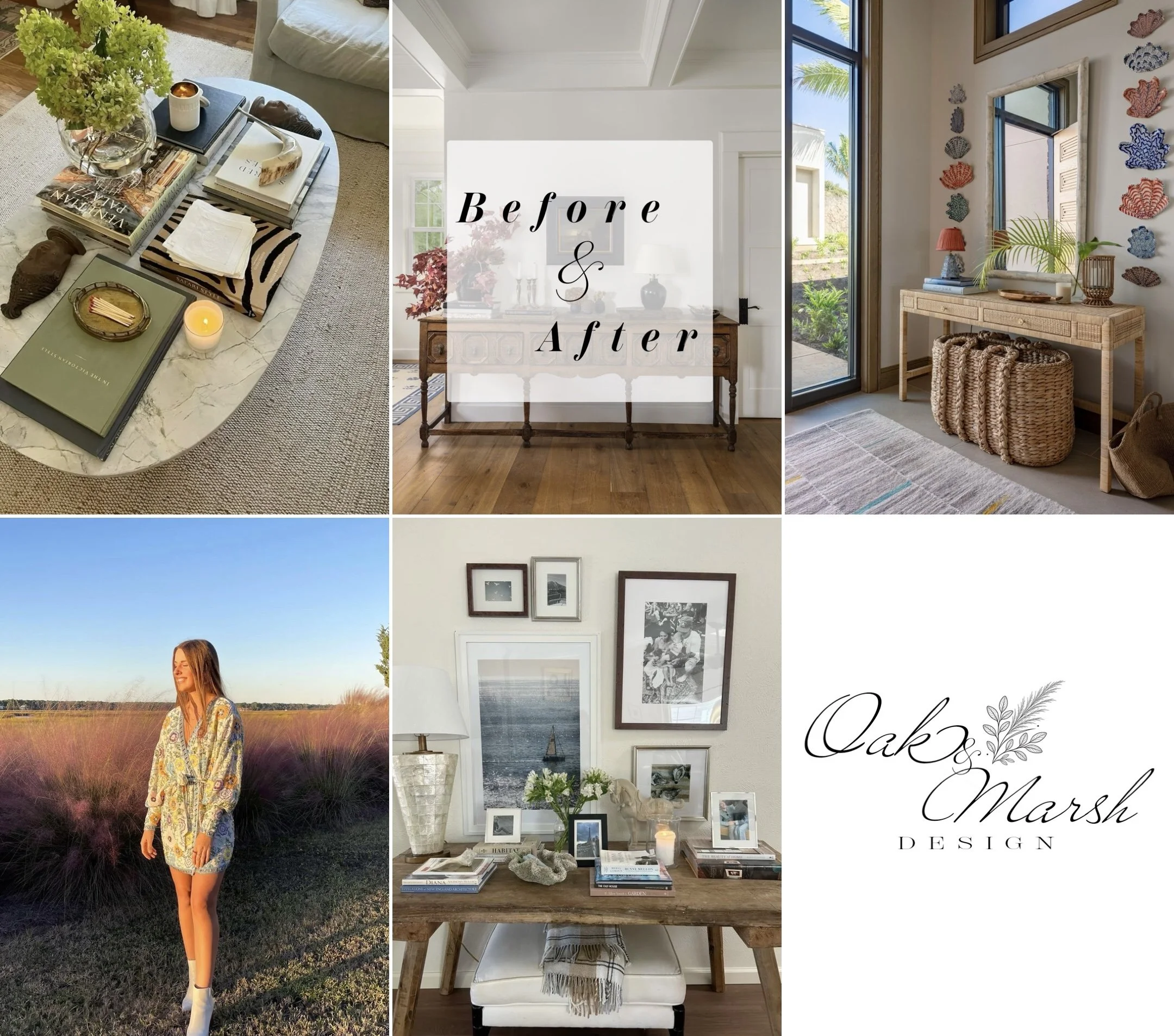 A collage of home interior and outdoor scenes including a decorative table with books and candles, a bright white room with artwork, a cozy entryway with wall decorations and natural light, a woman standing outdoors in a field with purple plants and a sunset or sunrise background, and a gallery wall with framed photos and a bookshelf.