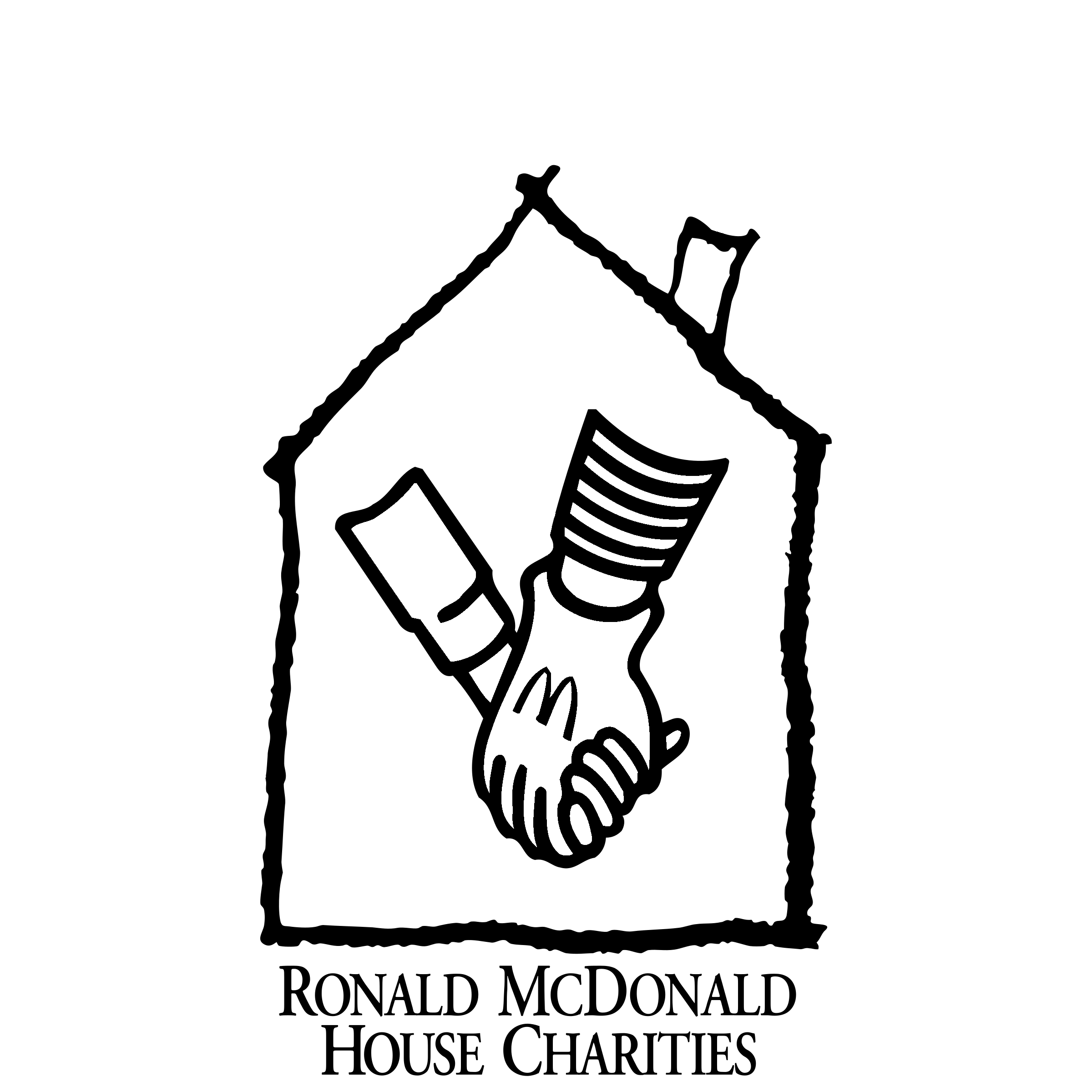 Black logo for Ronald McDonald House Charities with an illustration of two hands holding inside a house