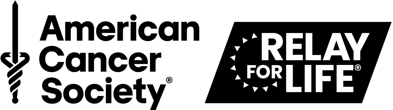 Relay For Life logo with white text and triangular shapes on a black background.