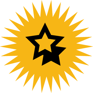 Two overlapping black stars in a yellow sunburst