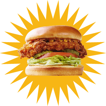 Crispy chicken sandwich with lettuce and tomato on a bun, surrounded by a sunburst design.