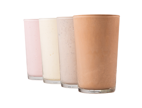 glass of chocolate, oreo, vanilla, and strawberry milkshakes