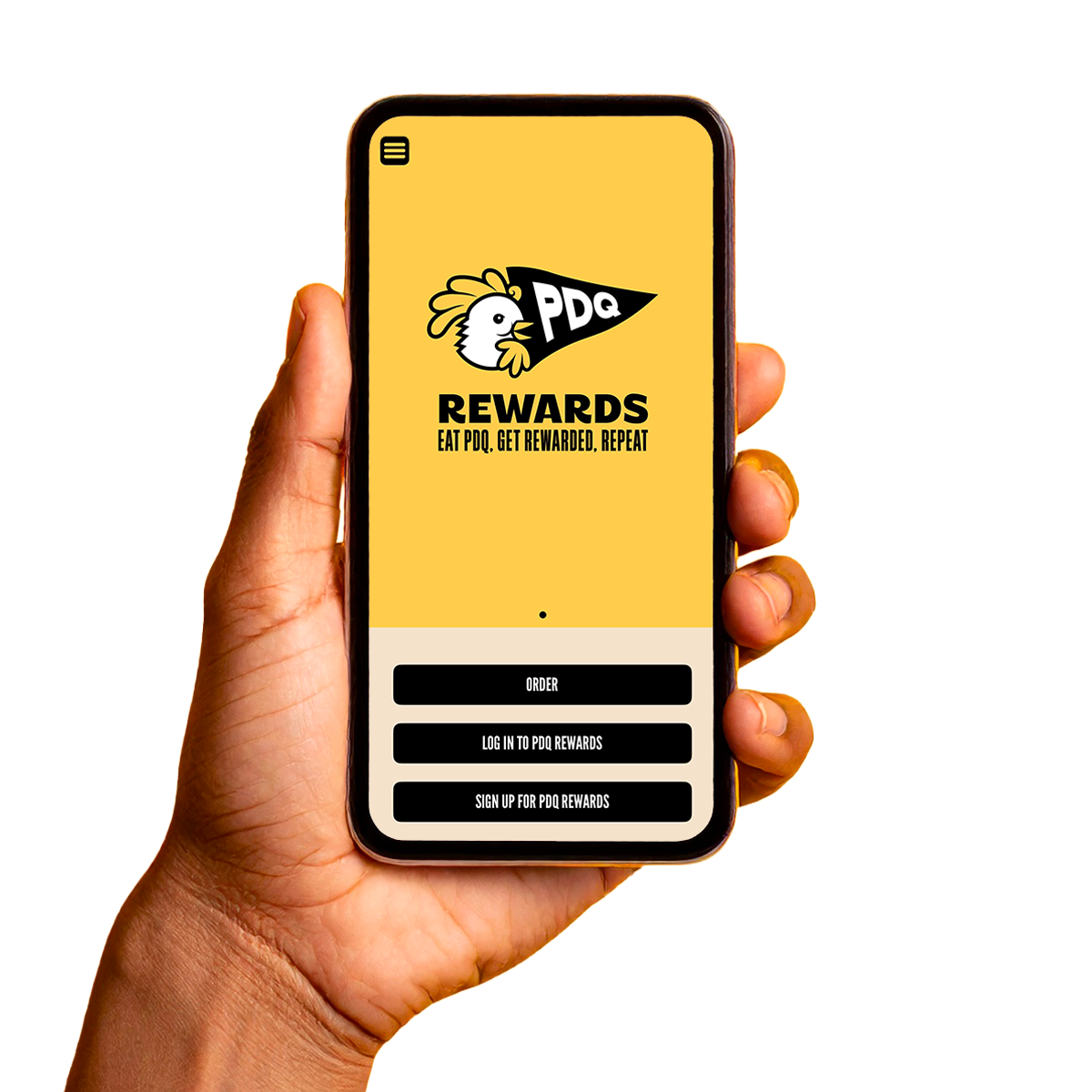 Mobile phone held in hand displaying the PDQ Rewards app with a logo of a cartoon chicken, the words "REWARDS" and "EAT PDQ, GET REWARDED, REPEAT," and buttons labeled "Order," "Log in to PDQ Rewards," and "Sign up for PDQ Rewards."