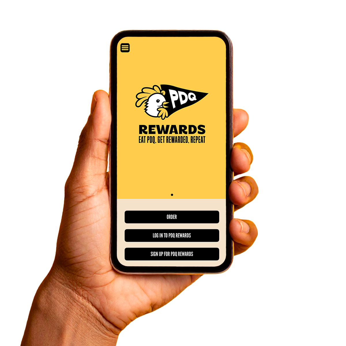 Mobile phone held in hand displaying the PDQ Rewards app with a logo of a cartoon chicken, the words "REWARDS" and "EAT PDQ, GET REWARDED, REPEAT," and buttons labeled "Order," "Log in to PDQ Rewards," and "Sign up for PDQ Rewards."