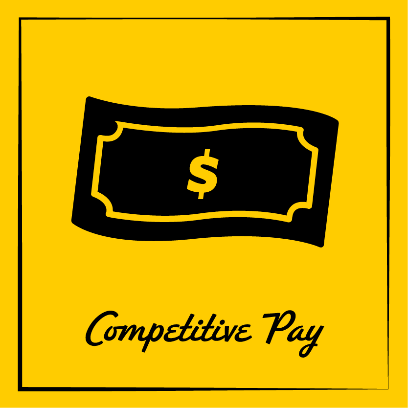Illustration of a black dollar bill symbol with the words 'Competitive Pay' below on a yellow background.