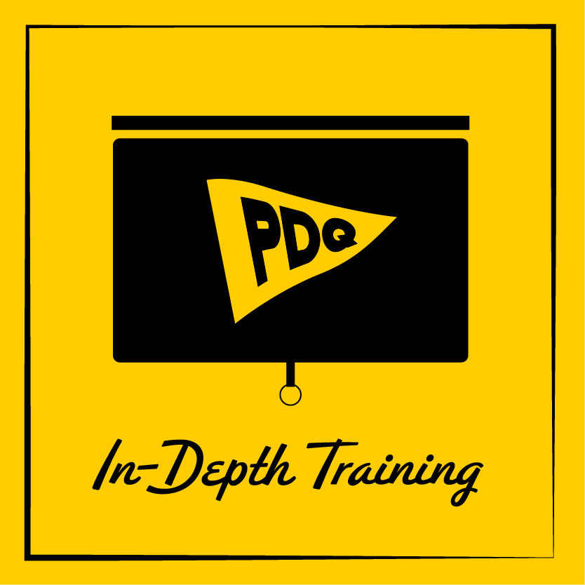 Yellow background with black rectangle and "PDQ" text in flag shape. Below, "In-Depth Training" text in cursive style.