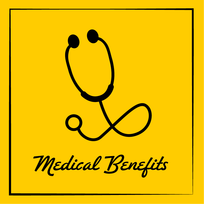 Illustration of a stethoscope with the text 'Medical Benefits' on a yellow background.