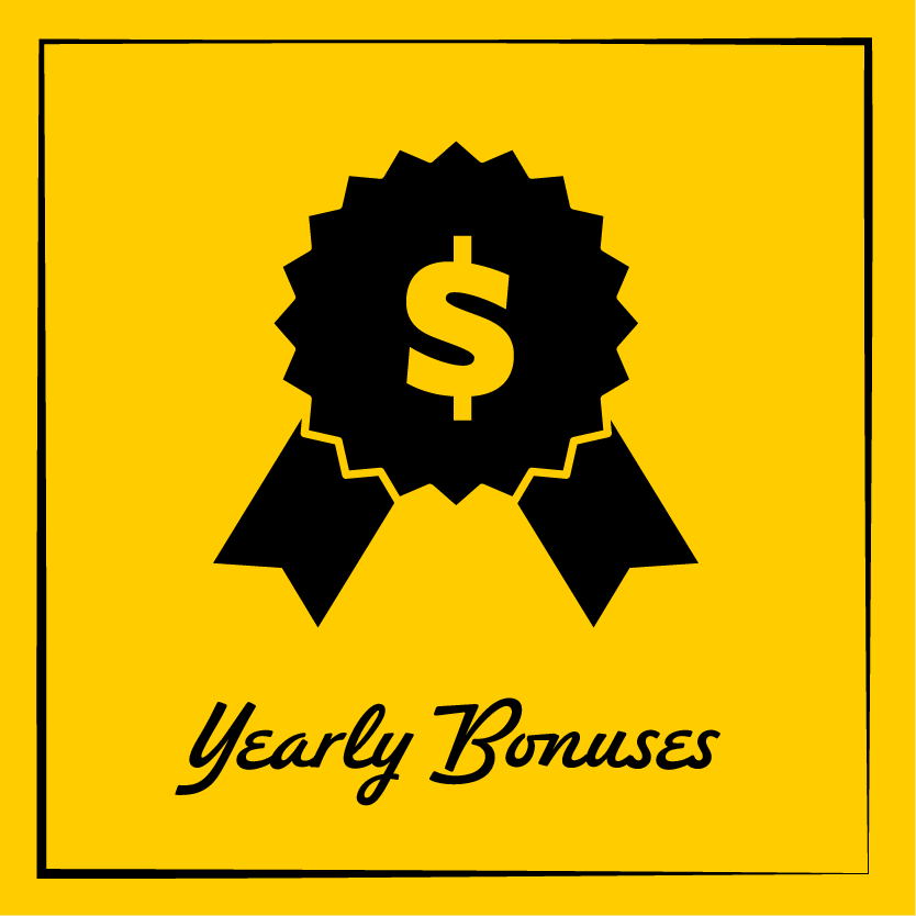 Yellow background with black award ribbon featuring a dollar sign symbol, labeled "Yearly Bonuses."