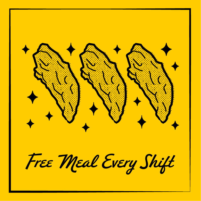 Three stylized chicken wings with decorative star patterns and the text "Free Meal Every Shift" on a yellow background.