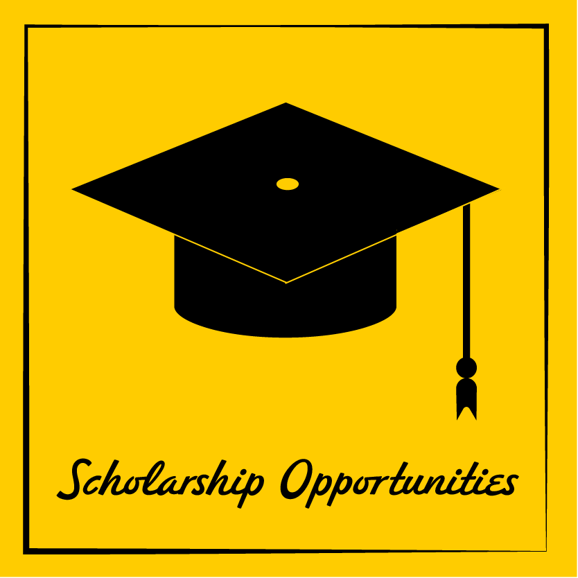 Black graduation cap icon on yellow background with text 'Scholarship Opportunities'.