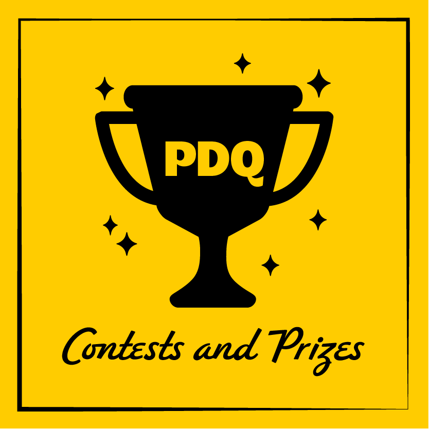 PDQ trophy with text 'Contests and Prizes' on yellow background