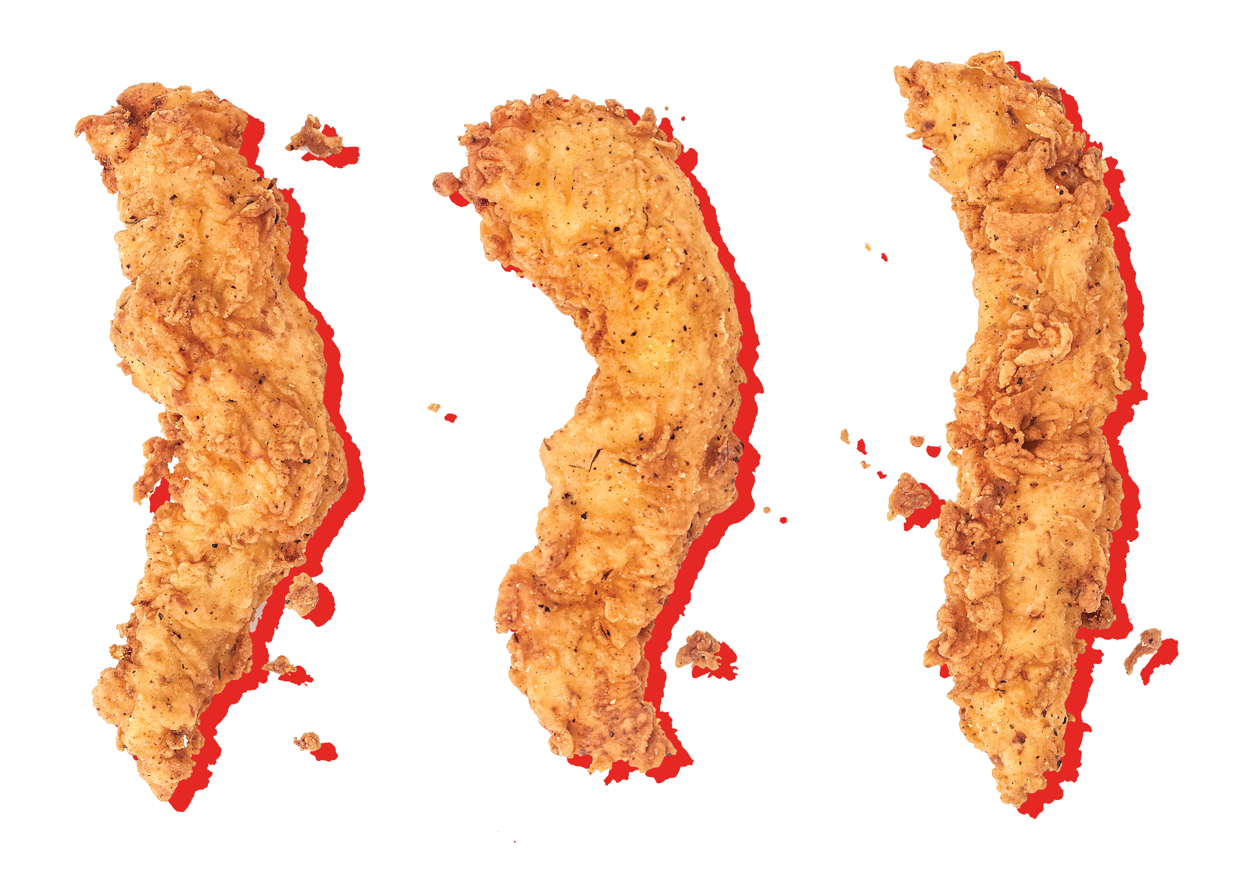 Three pieces of fried chicken tenders with a crispy, golden-brown coating on a transparent background.