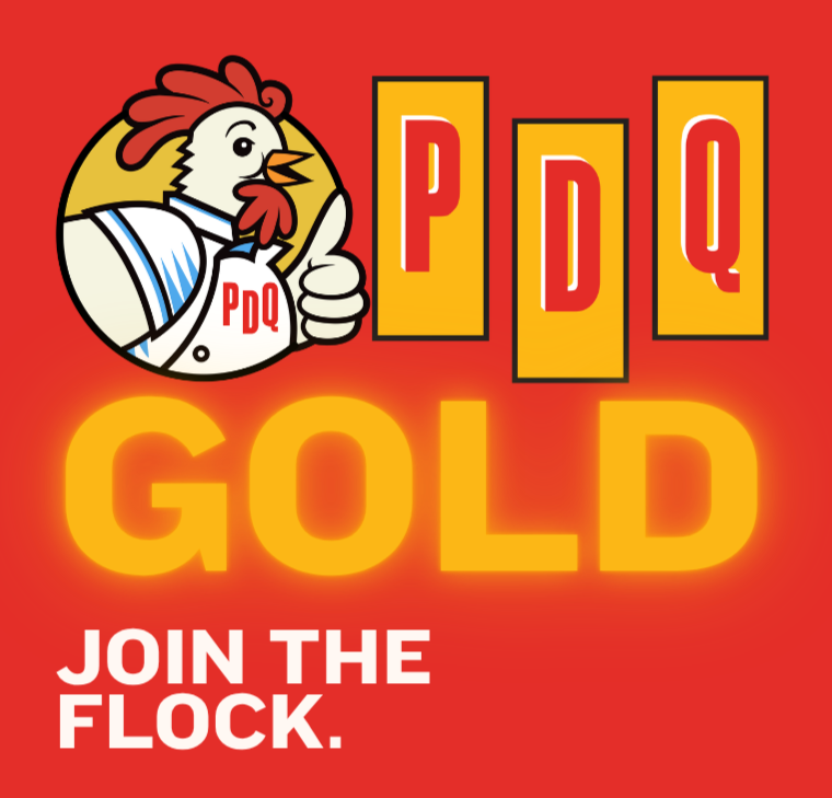 A cartoon chicken giving a thumbs up, with letters 'PDQ' in yellow boxes. The word 'GOLD' in large orange letters and the phrase 'Join the Flock' in white text on a red background.