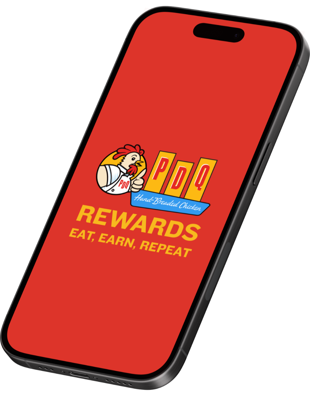Mobile phone displaying a rewards app from a restaurant called PDQ, featuring a cartoon chicken logo, with the text "REWARDS EAT, EARN, REPEAT."