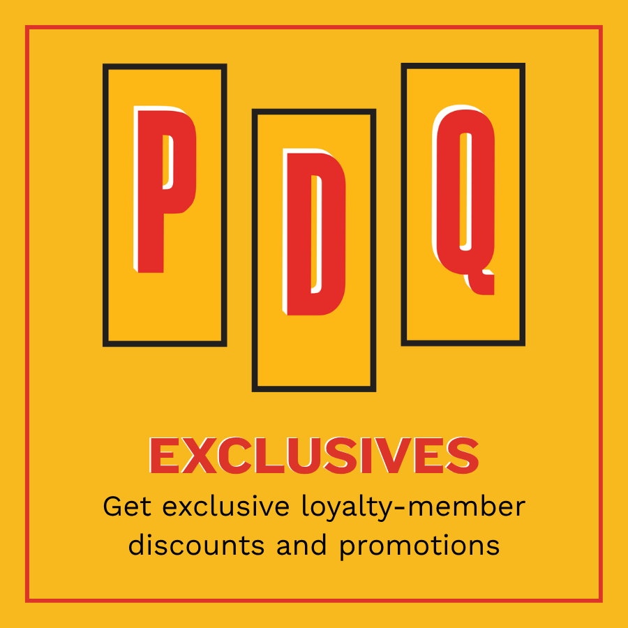 A promotional sign with a bright yellow background, displaying the letters P, D, Q in large red and white font within three black rectangular borders. Below, the text reads "EXCLUSIVES" in bold red capital letters, followed by smaller black text saying "Get exclusive loyalty-member discounts and promotions."