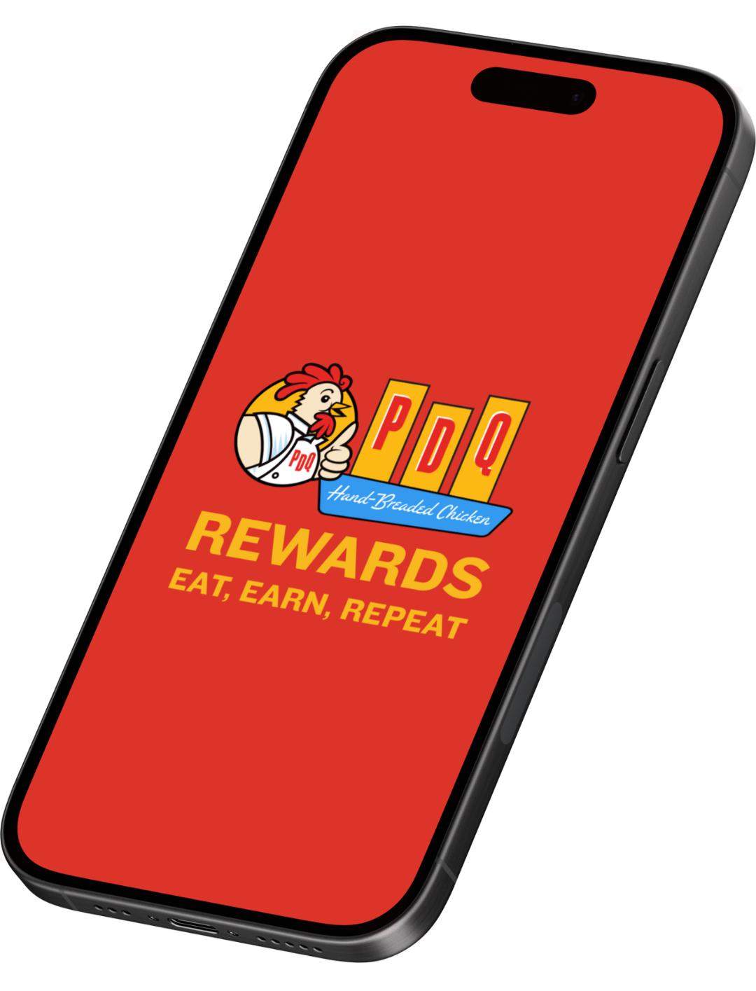 Smartphone displaying a rewards app for PDQ with the logo, a cartoon chicken, and text 'REWARDS EAT, EARN, REPEAT'.