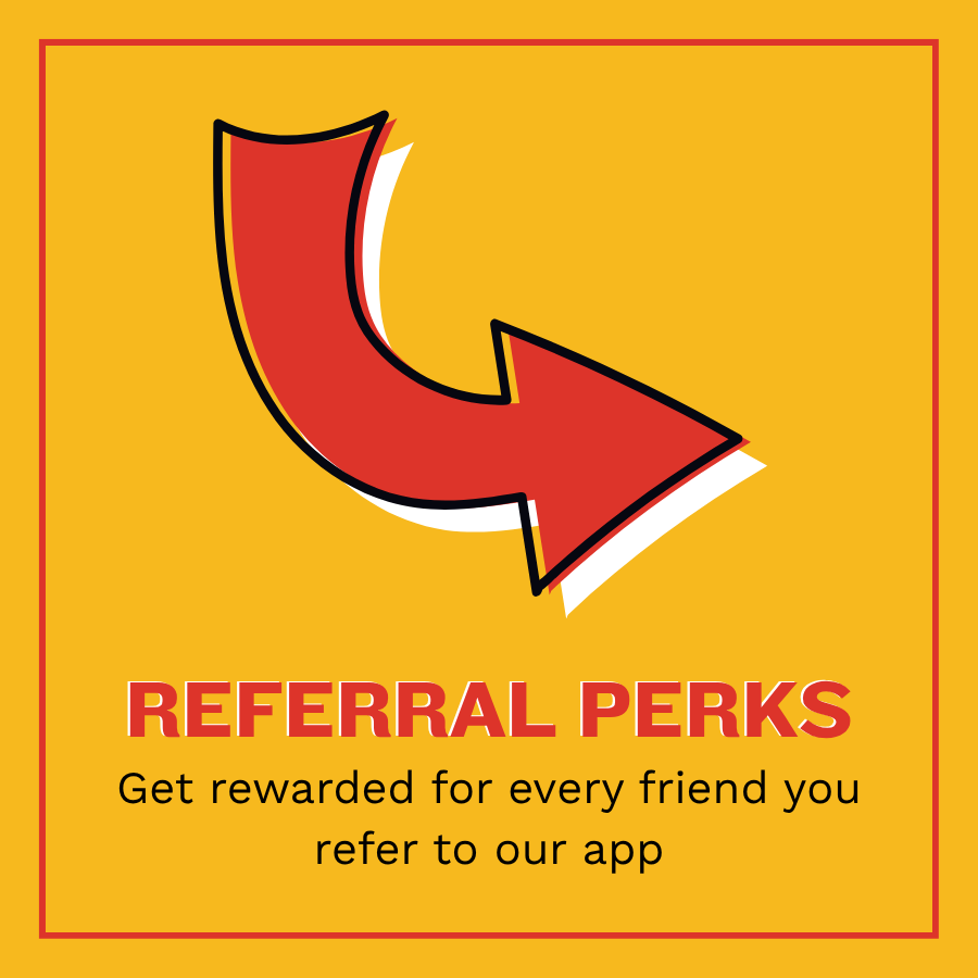 A promotional sign with a red arrow pointing to the right on a yellow background, advertising referral perks with the text "Get rewarded for every friend you refer to our app".