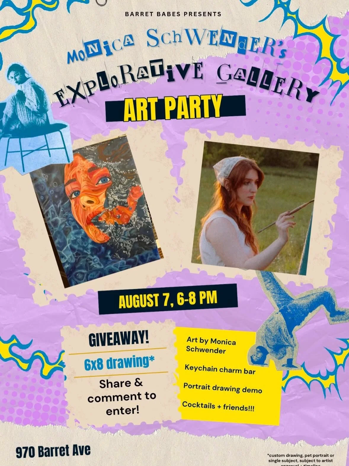 AUGUST ART GALLERY WITH MONICA SCHWENDER 
Share &amp; comment on this post for a chance to win a free drawing!
Winner @kkathryn.bc 
Join us August 7th 6-8pm for not only the opening of her explorative gallery, but also a portrait drawing demo, keycha